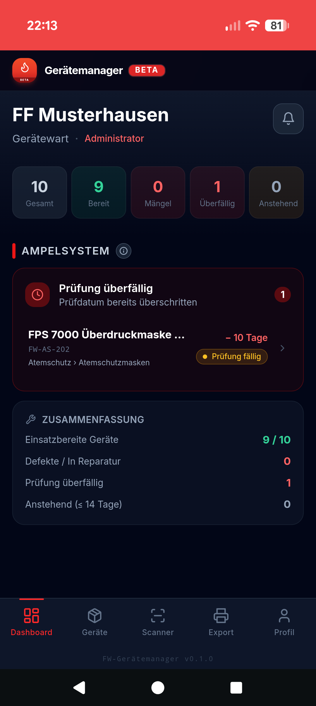 Dashboard mit Ampelsystem und Statusübersicht