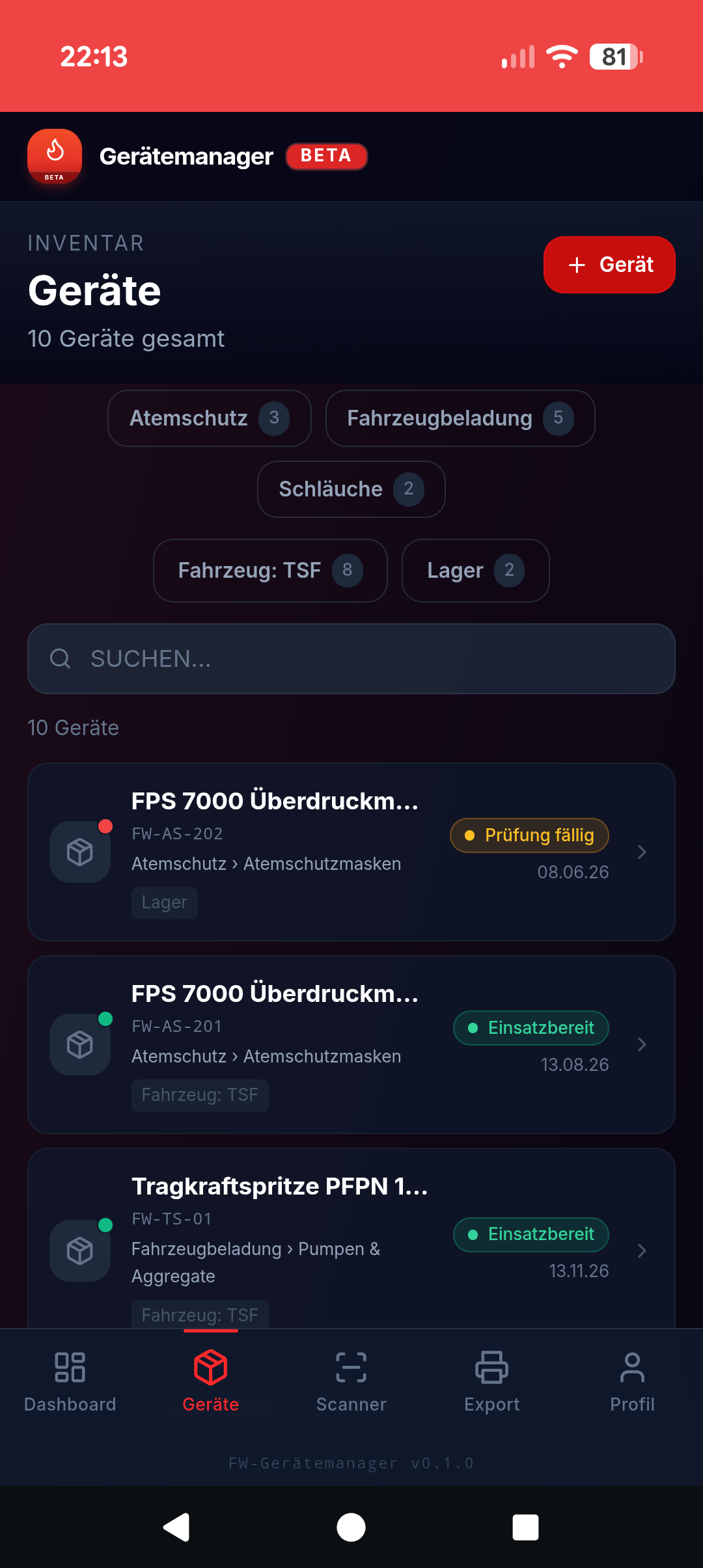 Geräteliste mit Kategoriefiltern und Ampel-Status