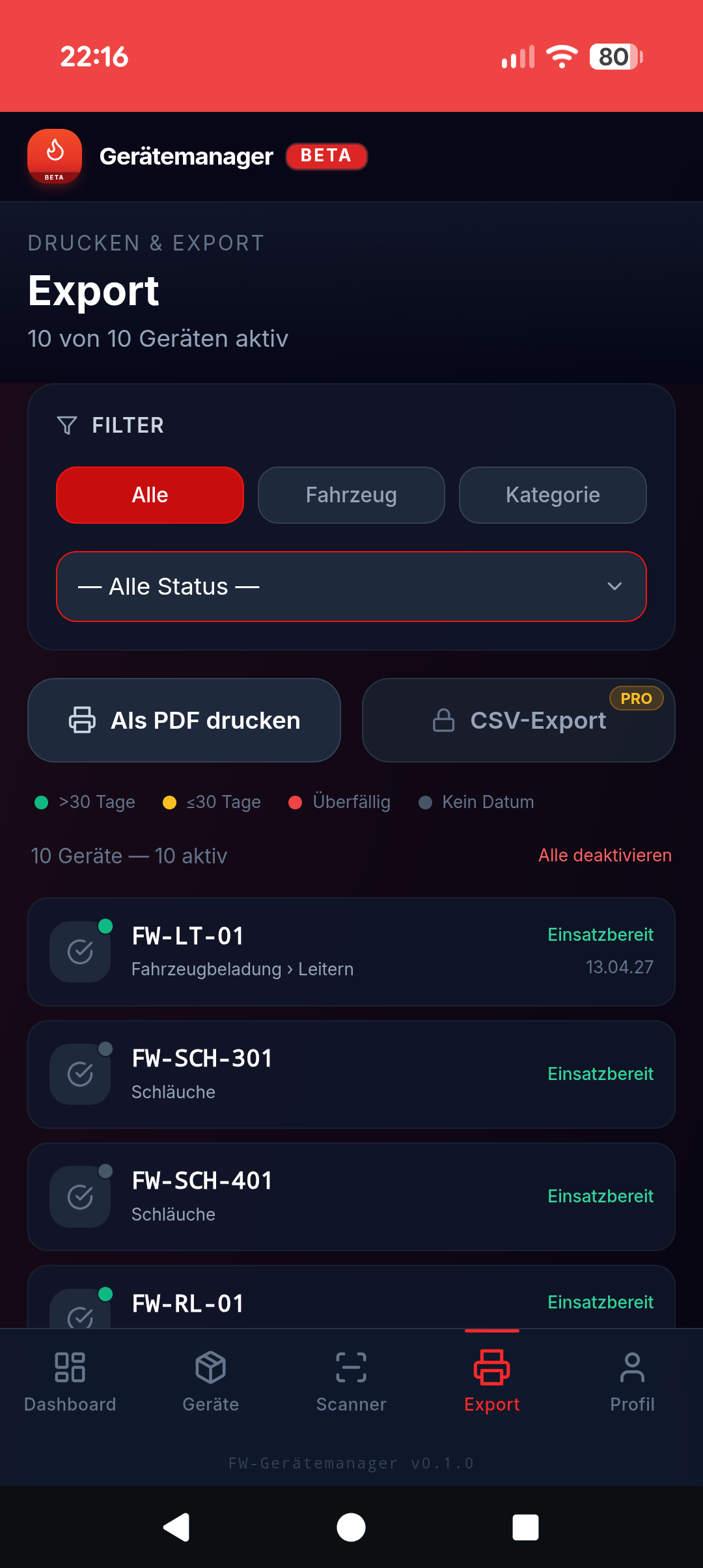 Export und PDF-Druck der Geräteliste