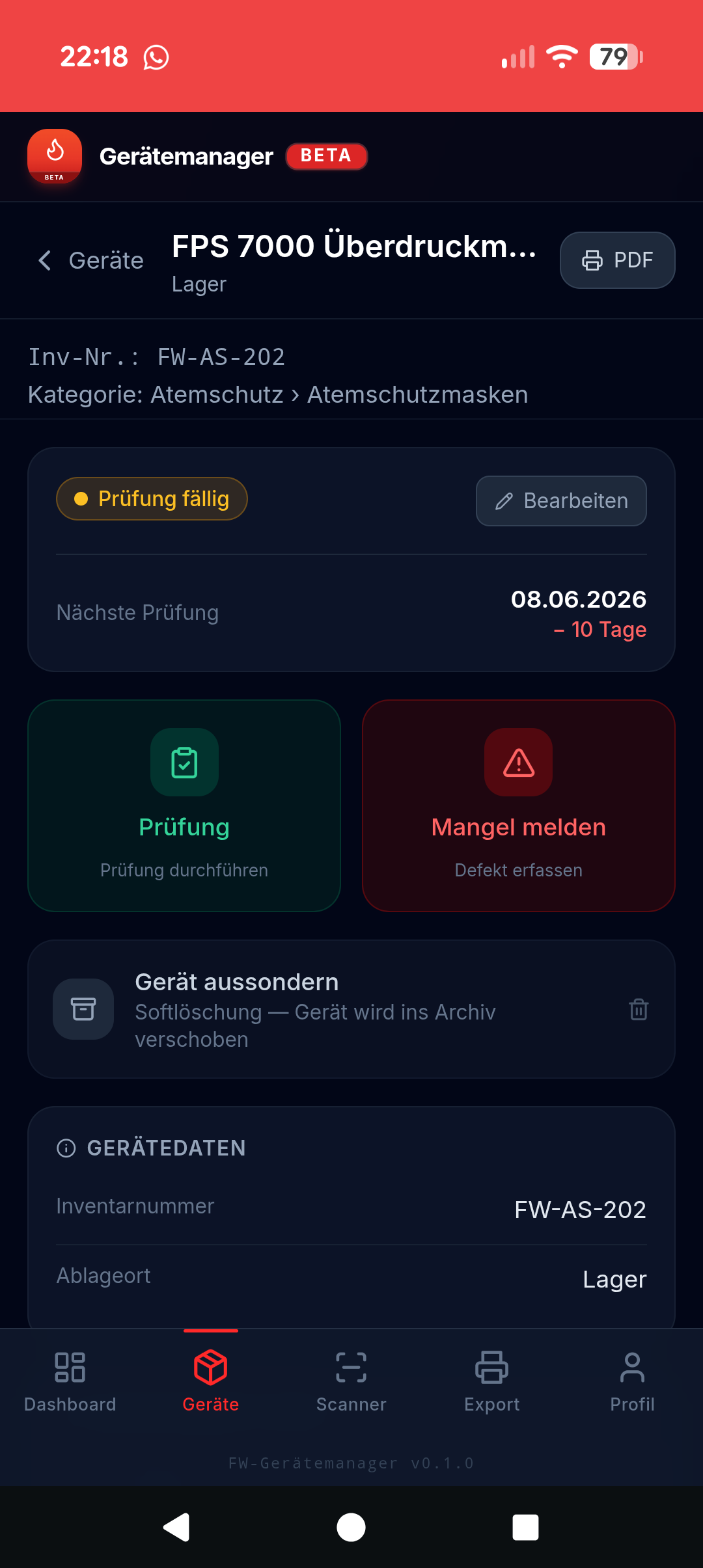 Gerätedetail mit Prüfung und Mängelmeldung