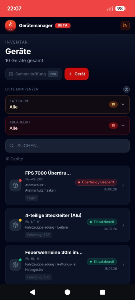 Geräteliste mit Kategoriefiltern und Ampel-Status