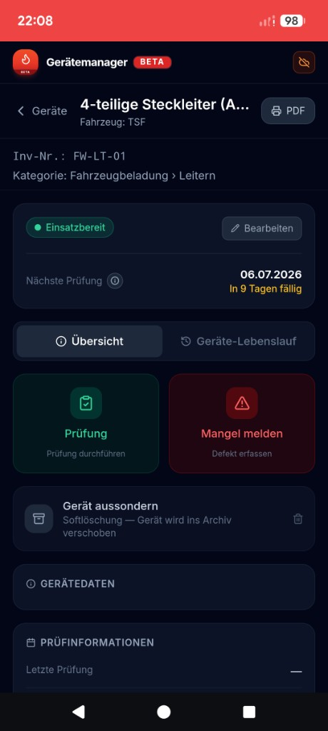 Gerätedetail mit Prüfung und Mängelmeldung