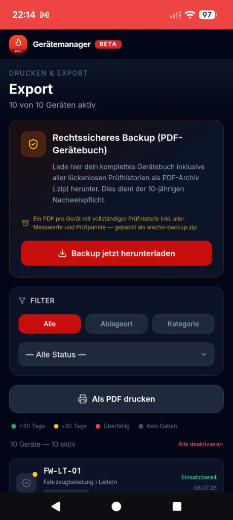 Rechtssicheres Backup als ZIP mit PDF-Gerätebuch